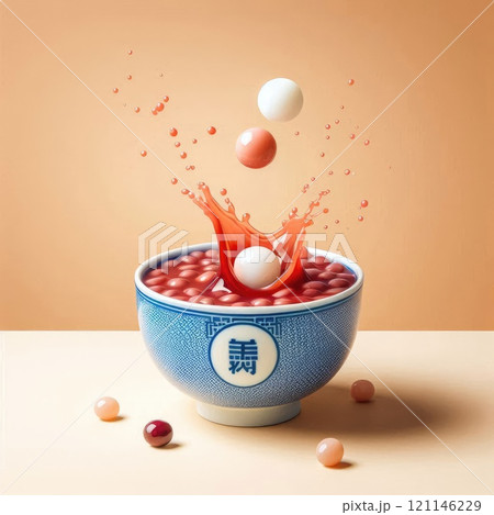 Festive food for Chinese Lantern Festival, Winter Solstice or Lunar New Year. bowl of delicious sweet glutinous rice balls(Tangyuan) with Generative AI. 121146229