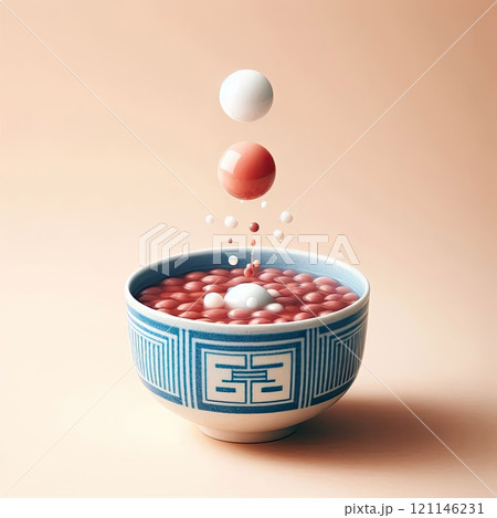Festive food for Chinese Lantern Festival, Winter Solstice or Lunar New Year. bowl of delicious sweet glutinous rice balls(Tangyuan) with Generative AI. 121146231
