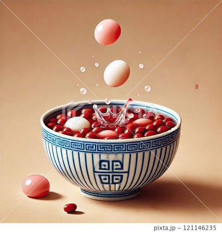 Festive food for Chinese Lantern Festival, Winter Solstice or Lunar New Year. bowl of delicious sweet glutinous rice balls(Tangyuan) with Generative AI. 121146235