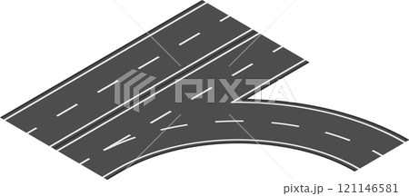 Aerial view of a curved highway road junction turning right, featuring white lane dividers on a gray asphalt surface against a white background Aerial view of a curved highway road junction turning right, featuring white lane dividers on a gray asphalt surface against a white background 121146581