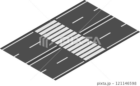 Isometric view of a pedestrian crossing on a two lane road, providing a safe passage for people across the street, enhancing road safety and urban planning Isometric view of a pedestrian crossing on a two lane road, providing a safe passage for people across the street, enhancing road safety and urban planning 121146598