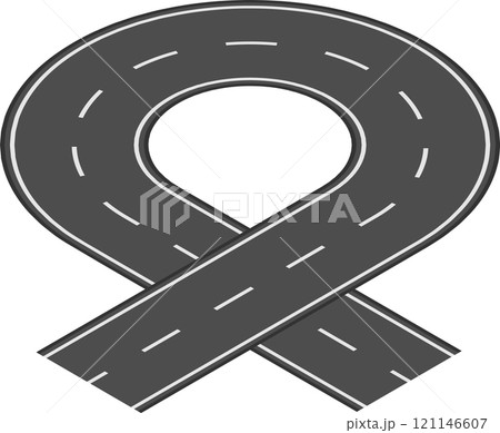Winding road making a loop and crossing itself, creating an overpass or underpass intersection, symbolizing transportation, infrastructure, and journey Winding road making a loop and crossing itself, creating an overpass or underpass intersection, symbolizing transportation, infrastructure, and journey 121146607