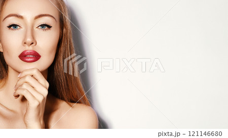 Beauty young woman portrait. Beautiful model girl with beauty makeup, red lips, perfect fresh skin. Sexy Fashion Make-up 121146680