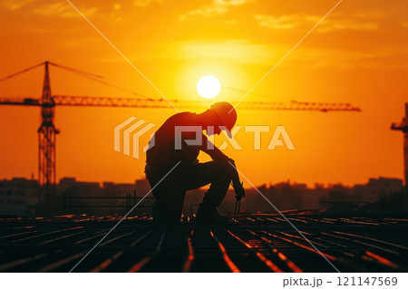 Construction worker silhouette against sunset sky with cranes on city skyline background 121147569