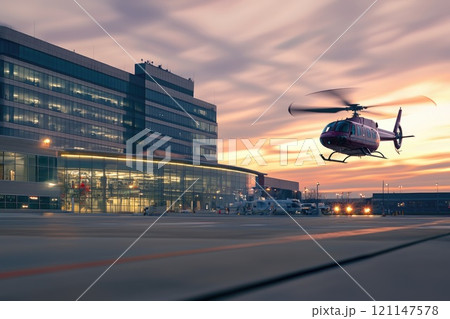 Helicopter Landing at Medical Facility During Sunset 121147578
