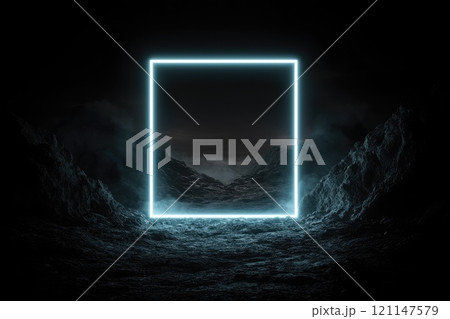Neon Blue Square on Black Backdrop 121147579