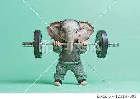 Surreal Representation of an Elephant in Weightlifting Gear Lifting a Barbell Surreal Representation of an Elephant in Weightlifting Gear Lifting a Barbell 121147603