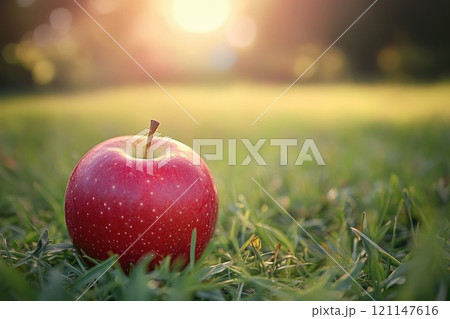 A red apple sits on the grass 121147616