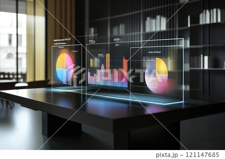 Holographic Data Visualizations with Pie Charts and Bar Graphs in Modern Office Space 121147685