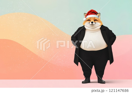 Cheerful Fox Character in Santa Hat and Stylish Outfit Posing Against a Soft Pastel Background 121147686