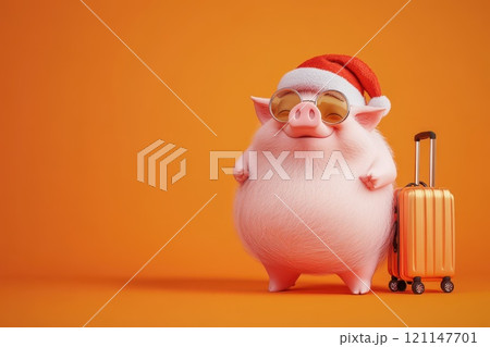 Cute cartoon pig wearing sunglasses and Santa hat stands confidently next to an orange suitcase, symbolizing holiday travel and festive fun in a cheerful atmosphere. 121147701