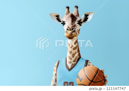 Playful Giraffe in Basketball Jersey Holding a Basketball Against a Blue Background Playful Giraffe in Basketball Jersey Holding a Basketball Against a Blue Background 121147747