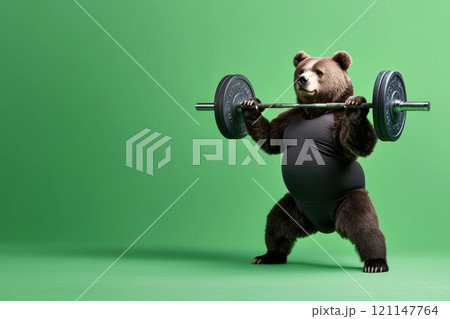 Hilarious Bear Lifting Weights in Workout Gear on Bright Green Background, Showcasing Fitness and Humor Hilarious Bear Lifting Weights in Workout Gear on Bright Green Background, Showcasing Fitness and Humor 121147764