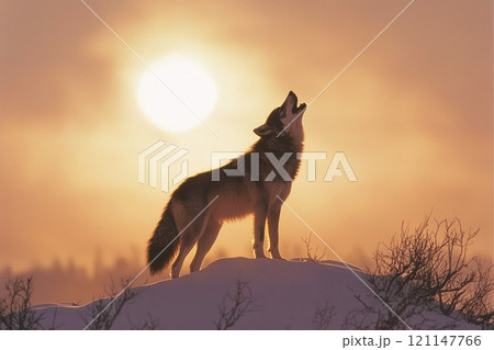 Howling Wolf on Snowy Hilltop at Sunset Howling Wolf on Snowy Hilltop at Sunset 121147766