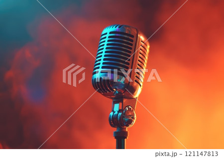 A microphone is on a stand in front of a red background A microphone is on a stand in front of a red background 121147813