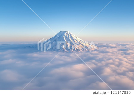 Majestic snow-covered volcano emerging above soft layers of clouds at dawn 121147830