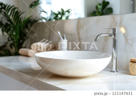 A white sink with a silver faucet and a plant in the background 121147831