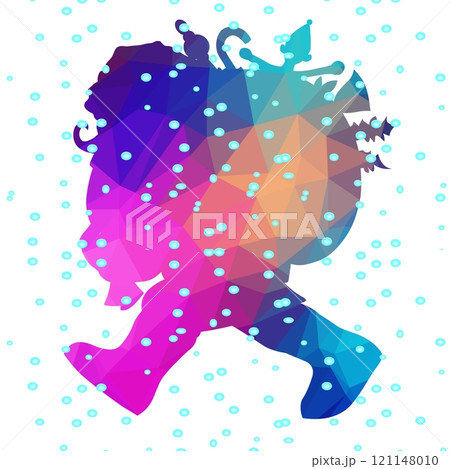 A vibrant silhouette of a character in motion is depicted with an array of geometric shapes. 121148010