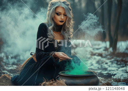 A silver-haired woman in a dark velvet gown conjures blue smoke from a cauldron, seated in a snowy forest with a mysterious and magical atmosphere 121148048