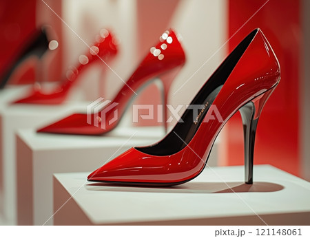pair of sleek, high-heeled pumps with long, pointed toes in glossy red and black finishes 121148061