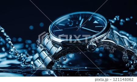 silver and black digital watch covered in water droplets 121148062