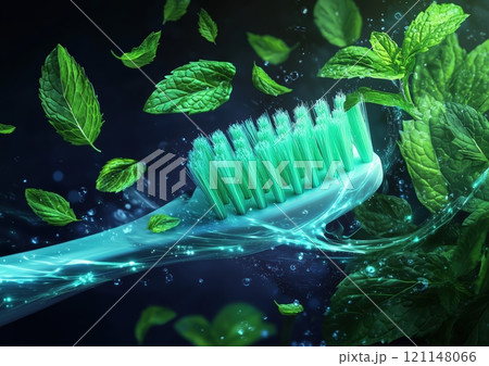 illustration of mint leaves swirling around a bright blue toothbrush illustration of mint leaves swirling around a bright blue toothbrush 121148066