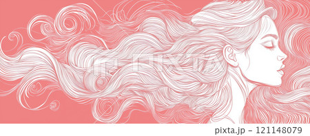 profile line art of a woman with flowing long hair 121148079