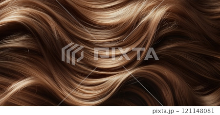 close-up of long, shiny, and smooth brown hair flowing in soft waves 121148081