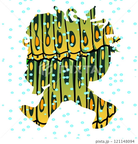 A stylized character silhouette filled with a vibrant pattern of vertical green and yellow stripes and dots appears to be moving forward. A stylized character silhouette filled with a vibrant pattern of vertical green and yellow stripes and dots appears to be moving forward. 121148094