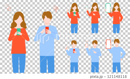 使用智慧型手機的年輕男女插畫集 121148118