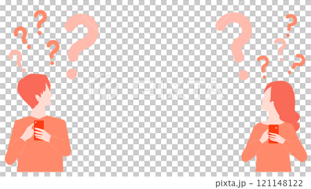 Illustration of a man and woman who have questions while using a smartphone 121148122