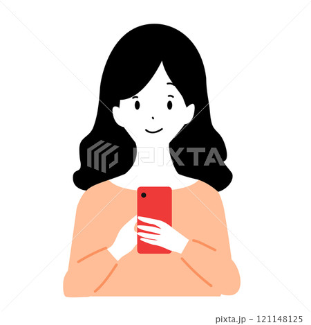 笑顔でスマホを見る女性のイラスト 121148125