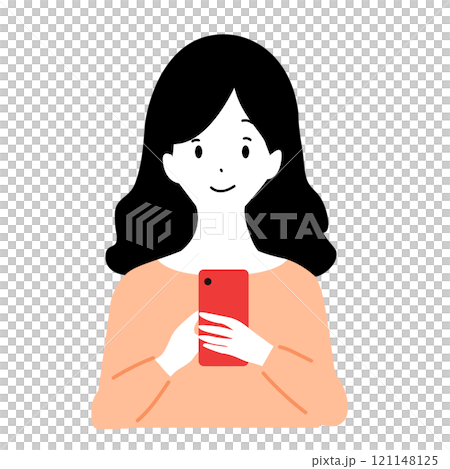 笑顔でスマホを見る女性のイラスト 121148125