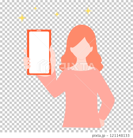 Illustration of a woman showing her smartphone 121148133