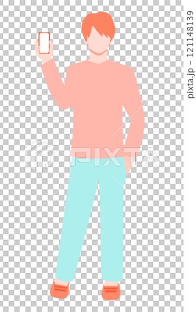 Full-body illustration of a young man holding a smartphone 121148139