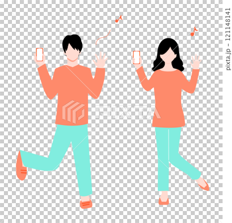 Illustration of a man and woman holding a smartphone 121148141