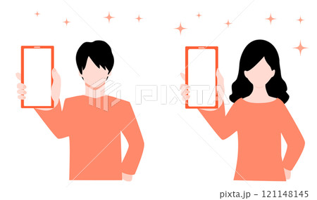 スマホの画面を見せる若い男女の手描きイラスト スマホの画面を見せる若い男女の手描きイラスト 121148145