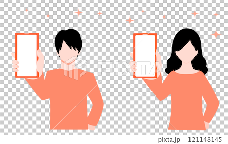 スマホの画面を見せる若い男女の手描きイラスト スマホの画面を見せる若い男女の手描きイラスト 121148145
