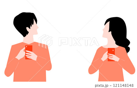 スマホを持ち振り返る若い男女の横顔のイラスト 121148148
