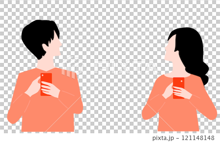 スマホを持ち振り返る若い男女の横顔のイラスト 121148148