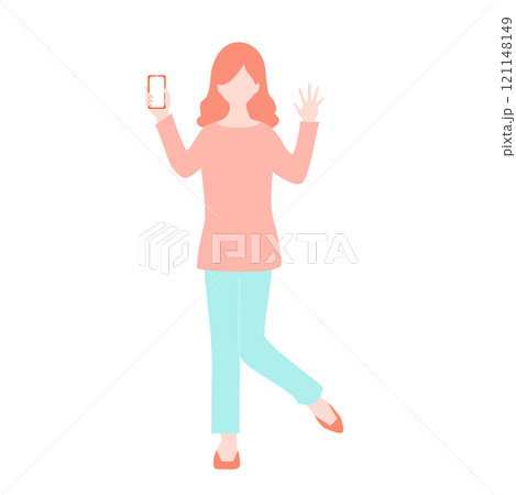 スマホを持って手を振る女性のイラスト スマホを持って手を振る女性のイラスト 121148149
