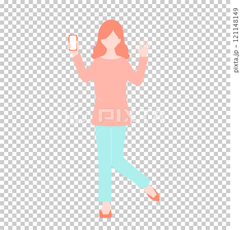 スマホを持って手を振る女性のイラスト スマホを持って手を振る女性のイラスト 121148149