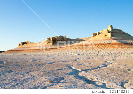 Kyzylkup area landscape, Mangystau desert. Rock strata formations 121148253