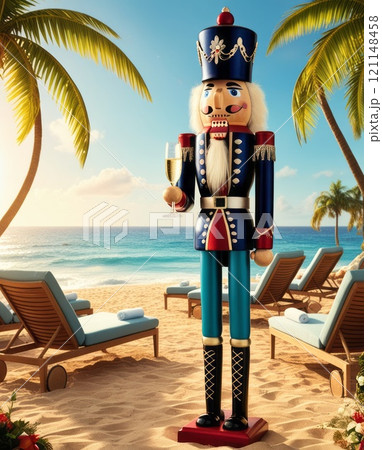 Nutcracker Drinking Wine on a Tropical Beach with Christmas Vibes and Sunshine 121148458