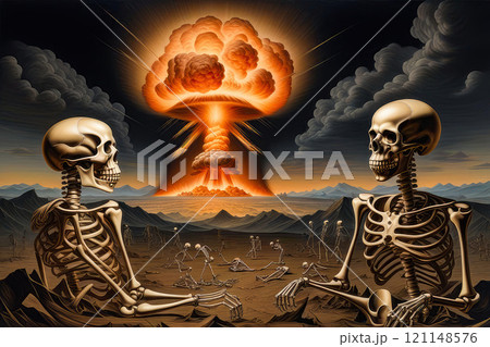 There are human skeletons in the background of a nuclear explosion. The concept of apocalypse, the end of the world. . High quality illustration There are human skeletons in the background of a nuclear explosion. The concept of apocalypse, the end of the world. . High quality illustration 121148576