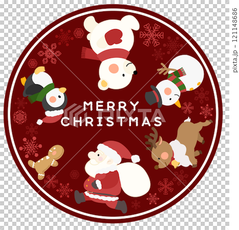 Santa, reindeer, snowman, polar bear, penguin, gingerbread walking red snowflake round circle 121148686