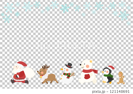 サンタ、トナカイ、雪だるま、しろくま、ペンギン、ジンジャーブレッドの散歩　白背景　雪の結晶 121148691