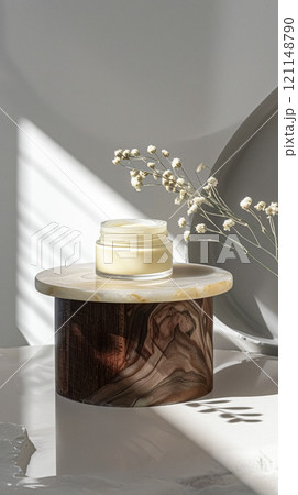 Cosmetic cream in a glass jar. Skin care concept. Background for beauty products 121148790