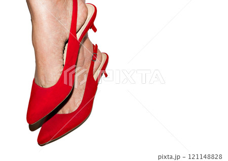 Woman feet with red shoes on white background 121148828
