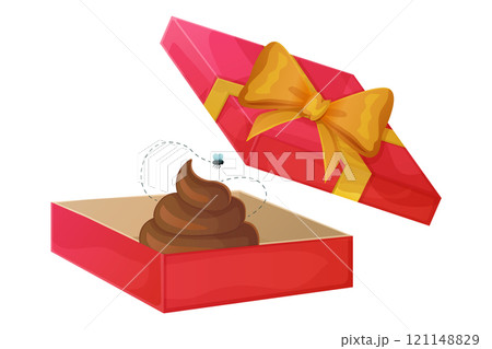 Opened red gift box with yellow ribbon containing a cartoon poop and a flying fly. Digital illustration on white background. Humor and prank concept for design and print. Bad gift concept. 121148829